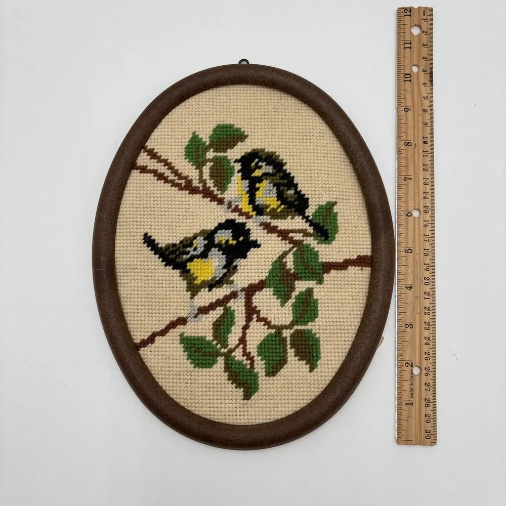 Vintage 1988 Handmade Needlepoint Bird Art Oval Frame Two Great Birds 8 x 10